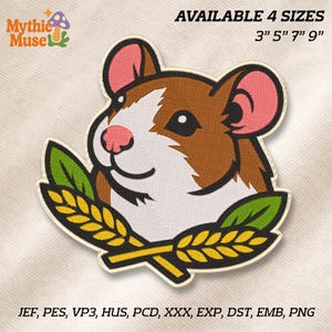 May include: Embroidered patch featuring a cartoon hamster with brown fur, pink ears and nose, and white face. The hamster is surrounded by a wheat design. Text at the top reads "AVAILABLE 4 SIZES" with sizes 3", 5", 7", and 9".