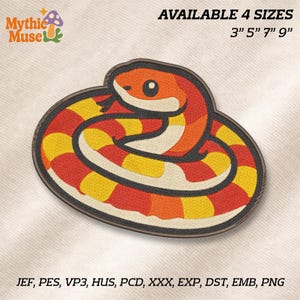 May include: Embroidered patch with a coiled snake design in red, yellow, and orange. The snake has a white underbelly and a black tongue. Available in 4 sizes: 7.6cm, 12.7cm, 17.8cm, and 22.9cm. The patch has a brown border and the text "Mythic Muse".