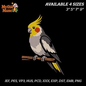 May include: An embroidered design of a cockatiel perched on a branch, featuring yellow crest and tail feathers, gray and white body, and a red cheek patch. The design is set against a black background. Text reads "AVAILABLE 4 SIZES 3" 5" 7" 9" and "Mythic Muse".