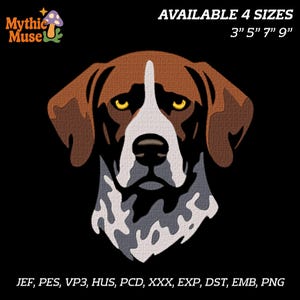 May include: An embroidery design of a dog's head with brown and white fur, yellow eyes, and a black nose. Available in 4 sizes: 7.6 cm, 12.7 cm, 17.8 cm, and 22.9 cm. The image includes the text "Mythic Muse" and file format options.