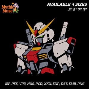 May include: Embroidered image of a Gundam robot in red, white, gray, and yellow. The image is on a black background and available in 4 sizes: 3", 5", 7", and 9". The Mythic Muse logo is in the upper left corner.
