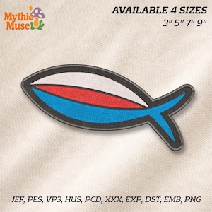 May include: A colorful fish-shaped patch with a black border, featuring white, red, and blue sections. The patch is available in 4 sizes: 3", 5", 7", and 9". The Mythic Muse logo is in the upper left corner. The patch is designed for JEF, PES, VP3, HUS, PCD, XXX, EXP, DST, EMB, and PNG formats.