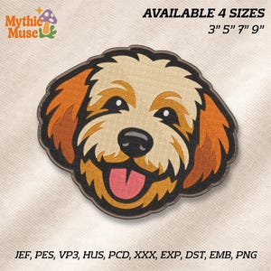 May include: Embroidered patch of a smiling dog's face, with tan, brown, and black details. Available in 4 sizes: 7.6 cm, 12.7 cm, 17.8 cm, and 22.9 cm. The patch has a black border and a pink tongue. The text "Mythic Muse" is in the upper left corner.