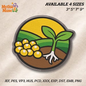 Puede incluir: Parche bordado circular con un diseño de una planta brotando, sobre un fondo amarillo. El parche incluye el texto "AVAILABLE 4 SIZES 3" 5" 7" 9"" y el logotipo de Mythic Muse. Disponible en varios formatos.