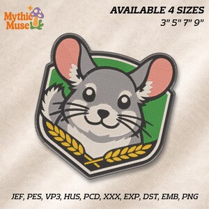 May include: Embroidered patch featuring a cartoon chinchilla with gray fur, pink ears, and a smiling face. The patch is in a shield shape with a green background and wheat stalks. Available in 4 sizes: 3", 5", 7", and 9".
