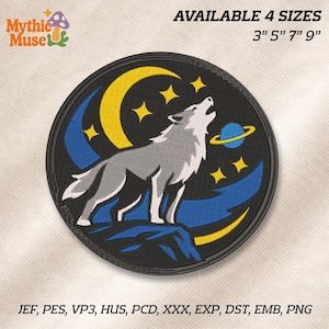 Celestial Space Wolf Patch-Style Embroidery, Sci-Fi Machine Embroidery Design, Animal Stitch Files (EMB Included)