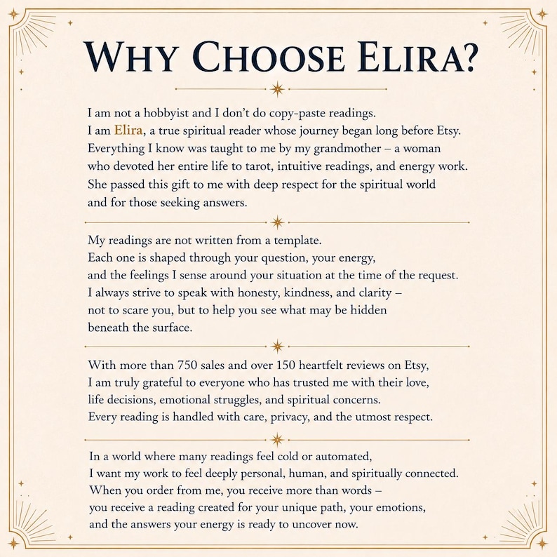 May include: A beige informational graphic titled Why Choose Elira? with dark blue text detailing spiritual reading services. The content explains the reader's background, personalized approach, experience with 750 sales, and commitment to privacy and human connection.