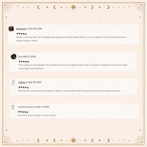 May include: A digital display of four customer reviews on a light cream background with gold celestial border accents. Each review includes a five-star rating, a date, and text from customers named Stephanie, H, Colleen, and an inactive account.