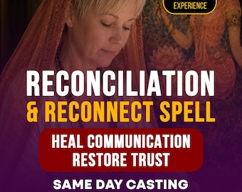 May include: A digital graphic featuring a person with short blonde hair wearing a sheer orange head covering. Text reads: RECONCILIATION & RECONNECT SPELL, HEAL COMMUNICATION RESTORE TRUST, SAME DAY CASTING PHOTO PROOF AVAILABLE, and 20+ YEARS OF EXPERIENCE.
