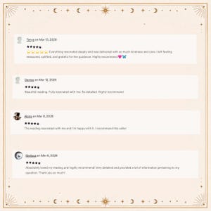 May include: A digital display of four customer reviews on a light beige background with a decorative gold border featuring celestial symbols. Each review includes a user name, a date, a five-star rating, and text feedback regarding a reading service.
