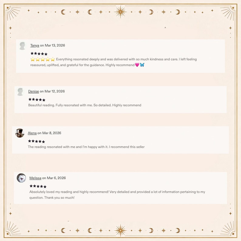 May include: A digital display of four customer reviews on a light beige background with a decorative gold border featuring celestial symbols. Each review includes a user name, a date, a five-star rating, and text feedback regarding a reading service.