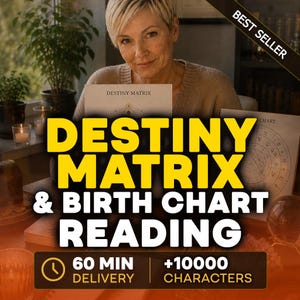 Könnte beinhalten: Eine Frau hält ein Dokument mit der Aufschrift "Destiny Matrix", mit dem Text "Destiny Matrix & Birth Chart Reading" in Gelb. Das Bild enthält auch den Text "60 MIN DELIVERY" und "+10000 CHARACTERS".