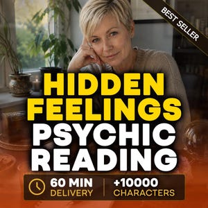 May include: A digital graphic for a psychic reading service featuring the text HIDDEN FEELINGS PSYCHIC READING in bold yellow and white letters. A banner in the corner reads BEST SELLER. A lower box displays 60 MIN DELIVERY and +10000 CHARACTERS.