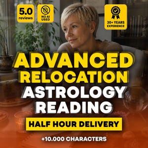 Op de afbeelding: Afbeelding die astrologiediensten promoot. Tekst luidt "ADVANCED RELOCATION ASTROLOGY READING" met "HALF HOUR DELIVERY". Bevat pictogrammen voor 5,0 beoordelingen, "NO AI USED" en "30+ YEARS EXPERIENCE". Een vrouw is op de achtergrond.
