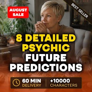 Könnte beinhalten: Eine digitale Grafik mit dem Text 8 DETAILED PSYCHIC FUTURE PREDICTIONS, 60 MIN DELIVERY und +10000 CHARACTERS. Das Bild zeigt eine Person mit kurzem blonden Haar, eine Kristallkugel und Tarotkarten, die auf einem Holztisch angeordnet sind.