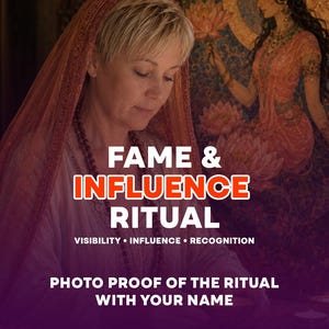 Pode incluir: Uma pessoa com cabelo loiro curto usando um véu laranja transparente e uma blusa clara, com o texto sobreposto FAME & INFLUENCE RITUAL, VISIBILITY • INFLUENCE • RECOGNITION e PHOTO PROOF OF THE RITUAL WITH YOUR NAME.