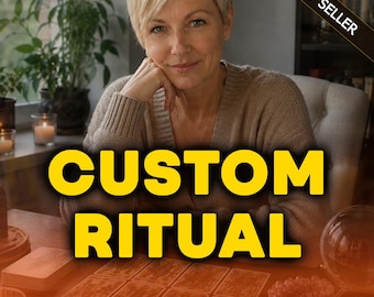 May include: A person with short blonde hair wearing a beige sweater sits at a wooden table with tarot cards, a crystal ball, and a crystal cluster. The text "CUSTOM RITUAL" is displayed in large yellow letters, and a "BEST SELLER" banner is visible.