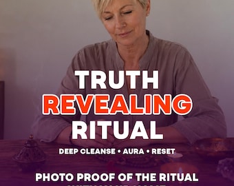 May include: A person in a grey shirt sits at a wooden table with the text TRUTH REVEALING RITUAL DEEP CLEANSE AURA RESET PHOTO PROOF OF THE RITUAL WITH YOUR NAME. On the table are a small metal incense burner, a bowl, and small candles.