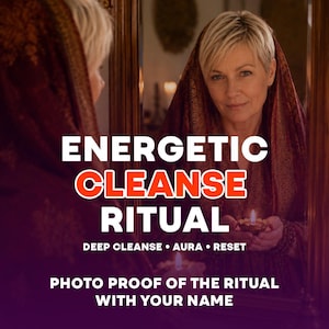 Puede incluir: Una persona con cabello rubio corto y un pañuelo rojo oscuro con patrones, reflejada en un espejo mientras sostiene una pequeña vela encendida. El texto dice: ENERGETIC CLEANSE RITUAL, DEEP CLEANSE • AURA • RESET, PHOTO PROOF OF THE RITUAL WITH YOUR NAME.