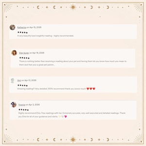 May include: A digital display of four customer reviews featuring five-star ratings. The text includes names like Katharina, Etsy buyer, Ami, and Yvonne, with dates in April 2026. The background is a light cream color with celestial star and moon icons.