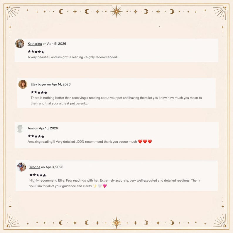 May include: A digital display of four customer reviews featuring five-star ratings. The text includes names like Katharina, Etsy buyer, Ami, and Yvonne, with dates in April 2026. The background is a light cream color with celestial star and moon icons.