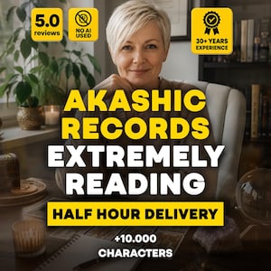 Könnte beinhalten: Werbung für Akashic Records-Lesungen. Das Bild zeigt eine Frau mit blonden Haaren und den Text "Akashic Records Extremely Reading Half Hour Delivery". Zusätzlicher Text enthält "5.0 reviews", "No AI Used", "30+ Years Experience" und "+10.000 Characters".