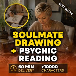 May include: An image promoting "Soulmate Drawing + Psychic Reading." The text is in bold yellow and white. A woman is drawing a portrait. The image includes a chest, a crystal ball, and the words "Best Seller."