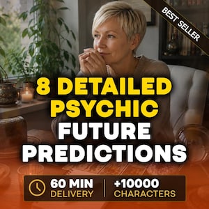 Puede incluir: Imagen de una mujer con pelo rubio corto, con texto superpuesto: "8 Detailed Psychic Future Predictions." El texto adicional incluye "60 min delivery" y "+10000 characters." Una pancarta de "Best Seller" está en la esquina superior derecha.