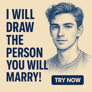 May include: An illustration with the text "I WILL DRAW THE PERSON YOU WILL MARRY!" in dark blue. A pencil sketch of a young man is on the right. A dark blue button with the words "TRY NOW" is at the bottom.