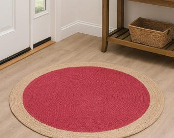 Handwoven Pink Jute Round Rug, Eco Friendly Boho Rug, Custom Size