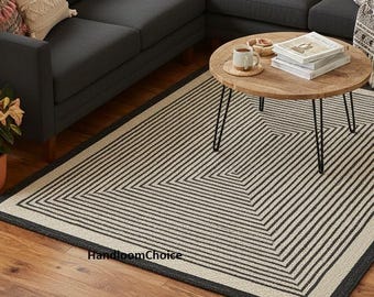 Handmade Braided Jute Area Rug, Black and White eco friendly Bohemian Decor, Door Mat