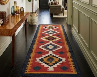 Handwoven Wool Kilim Runner, Red and White Southwestern Tribal, Hallway Entryway Kitchen Area Rug