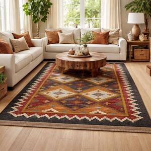Alfombra Kilim de lana tejida a mano, diseño de diamante geométrico del suroeste rojo negro Borde en zigzag Wohnzimmer Teppich