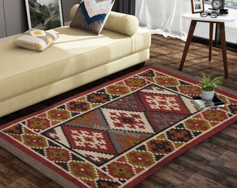 Handwoven Wool Jute Kilim Rug, Southwestern Rustic Multicolor Home Decor