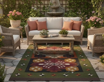Handwoven Wool Jute Kilim Rug, Green Southwestern folk eco-friendly carpet