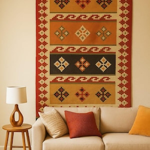 Handgeweven wollen jute kelimtapijt - 4 x 6 boho-huisdecoratie