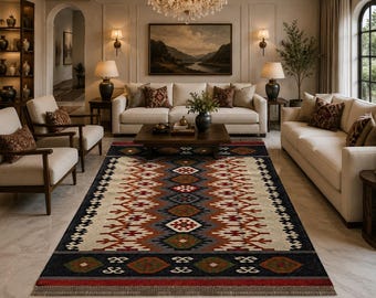 Handmade Wool Jute Kilim Rug, Black Beige Tribal Geometric Rug, Rustic Home Decor Christmas Gift