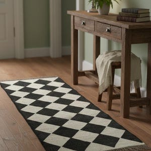 Handwoven Wool Runner Rug: Black and White Diamond Pattern Kilim, Modern Hallway Rug