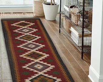 Handwoven Wool Kilim Runner: Multi Color Tribal Geometric Entryway Rug,