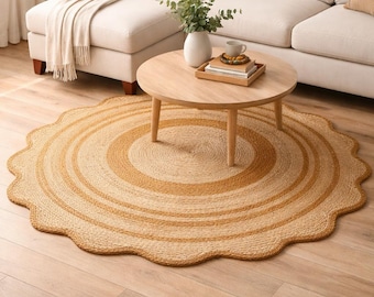 Handwoven Scalloped Jute Rug, Natural Fiber Bohemian Rug