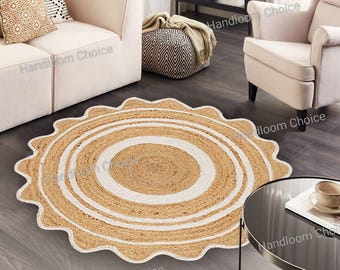 Alfombra redonda de yute tejida a mano con borde festoneado, alfombra de área trenzada natural ecológica de estilo bohemio con borde blanco.