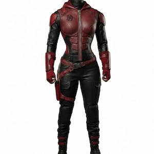 Peut inclure: Un costume complet rouge et noir. La veste à capuche est zippée et porte les initiales "DD" sur la poitrine. L'ensemble comprend un pantalon noir, des gants et des bottes, avec des détails rouges sur les bras et les jambes.