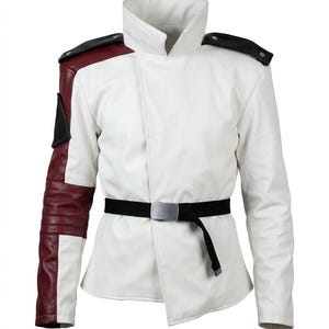 May include: A white jacket with a high collar, black accents on the shoulders, and a burgundy and black sleeve. The jacket features a black belt with a silver buckle. The design is a modern take on a classic style.