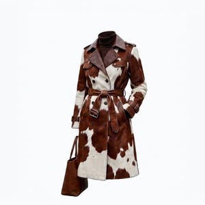 May include: A double-breasted trench coat featuring a brown and white cow print pattern, solid brown lapels, a matching tie belt, and buttoned cuffs. A dark brown turtleneck sweater is worn underneath, and a solid brown handbag is held at the side.