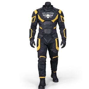 May include: Black and yellow tactical jumpsuit with the text "HELLDIVERS" and a skull and wing logo. The suit features padded shoulders, elbows, and knees, along with black gloves and boots. The jumpsuit is displayed on a mannequin.