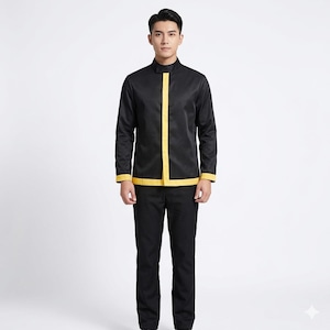 May include: A black uniform with yellow trim. The long-sleeved jacket has a mandarin collar and a vertical yellow stripe down the front. The cuffs and hem of the jacket are also trimmed in yellow. The uniform is completed with black trousers.