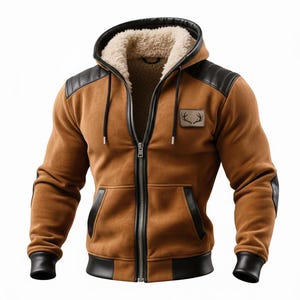 Könnte beinhalten: Braune Kapuzenjacke mit schwarzen Lederakzenten an Schultern, Taschen und Bündchen. Die Jacke hat einen durchgehenden Reißverschluss, ein weiches, cremefarbenes Innenfutter und ein kleines Emblem mit Geweih. Eine warme und stilvolle Oberbekleidung.