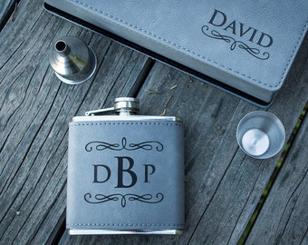 Groomsmen Gift, Personalized Flask - Laser Engraved Flask Wrapped In Gray Faux Leather - Great Gift for Him, Boyfriend Gift