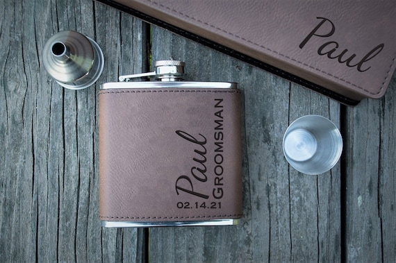 Enter Your Custom Text Personalised Polished Band Hip Flask Gift Set Engrave Enter Your Custom Text Personalised Polished Band Hip Flask Gift Set Engrave
