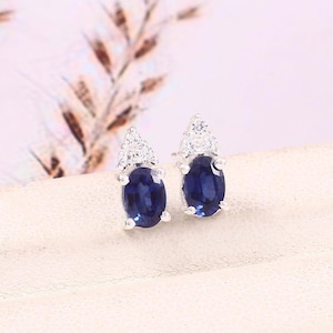 Wonderful Ceylon Royal Blue Sapphire Oval Cut Gemstone Stud Earrings, Handmade Silver Studs, 925 Sterling Silver Stud Earrings 6x4 MM
